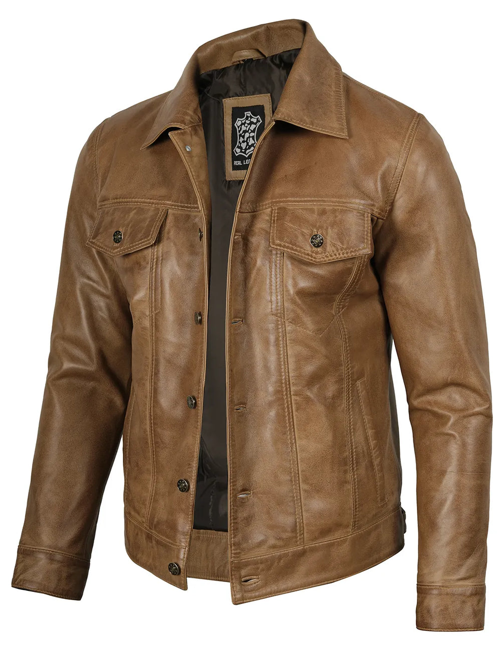 Mens Trucker Camel Brown Leather Jacket
