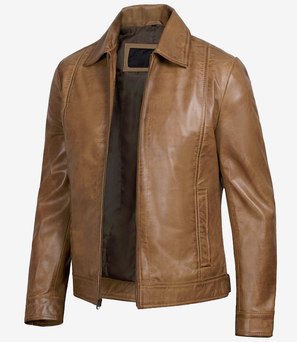Casual Harrington Vintage Leather Jacket Men's Light Brown