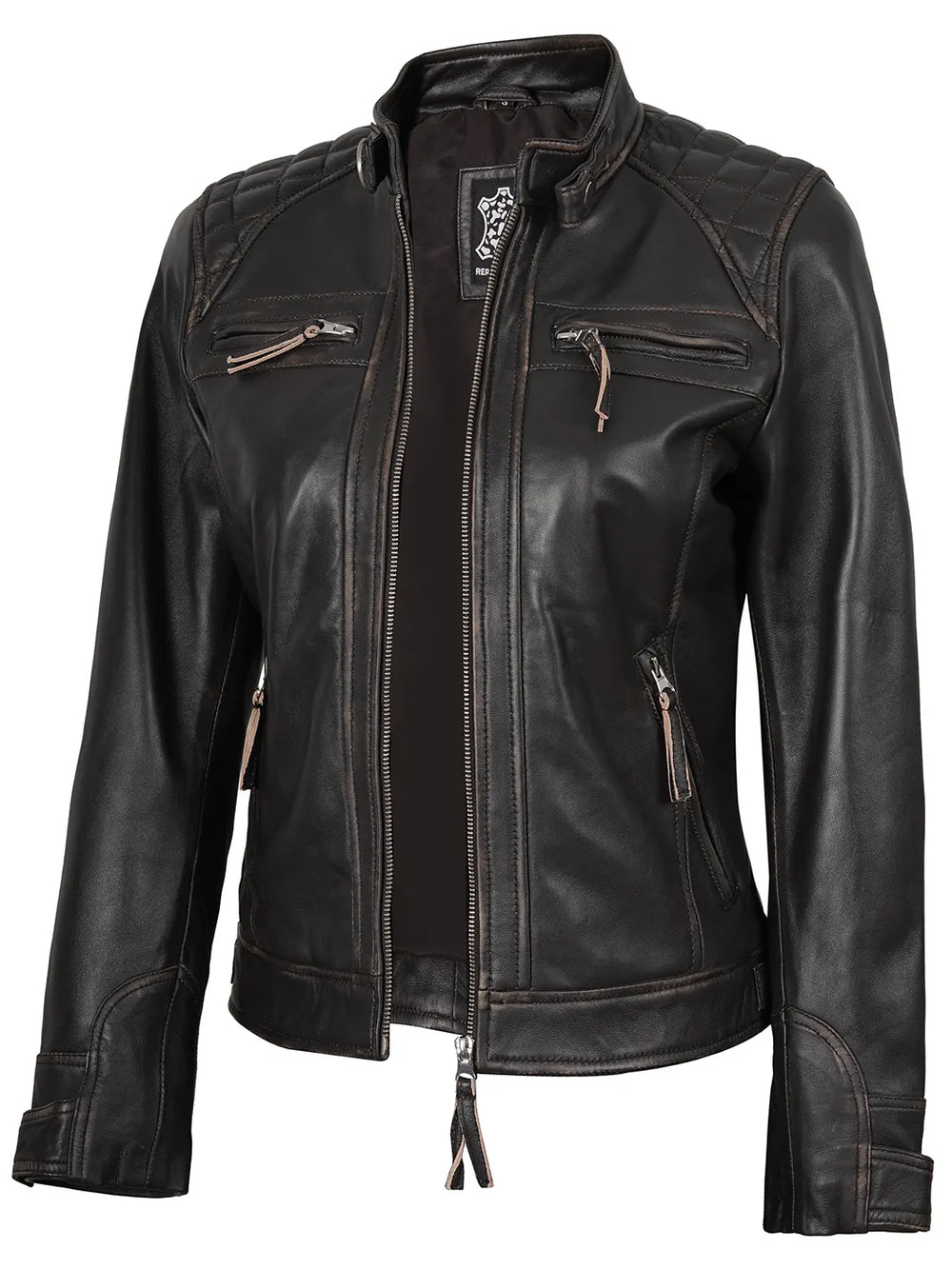 Diamond Women Rub Off Brown Leather Jacket