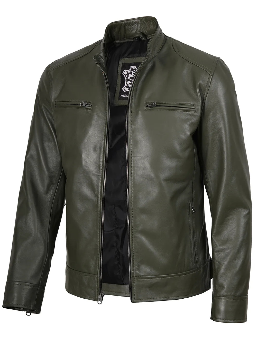 Dodge Mens Green Cafe Racer Real Leather Jacket