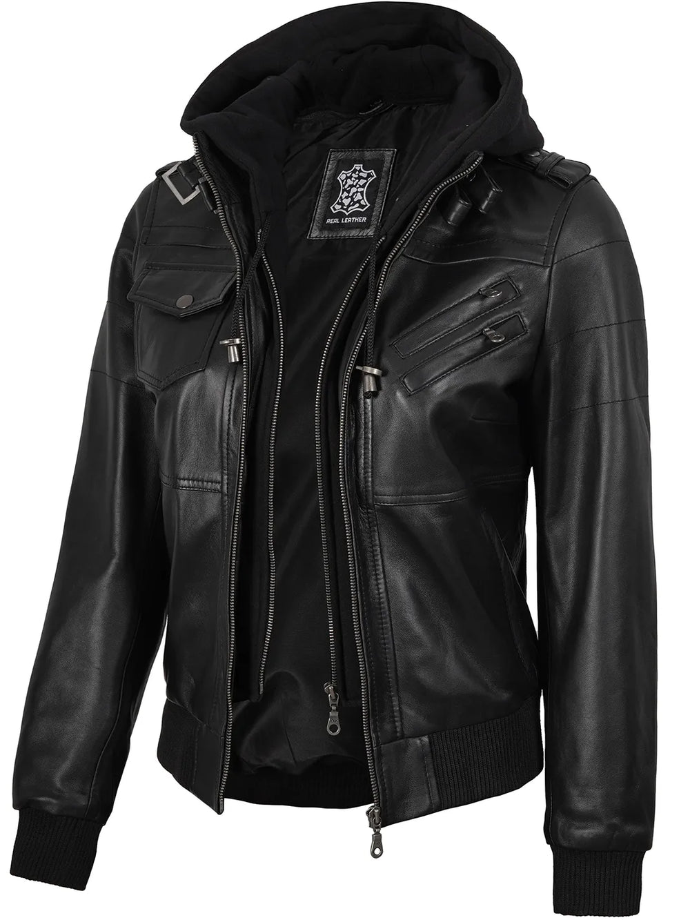 Edinburgh Women's Bomber Black Leather Jacket with Removable Hood