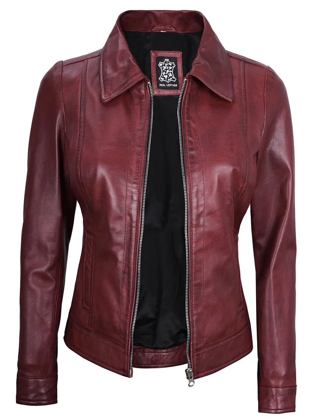 Leren Harrington-jas, bordeauxrood voor dames
