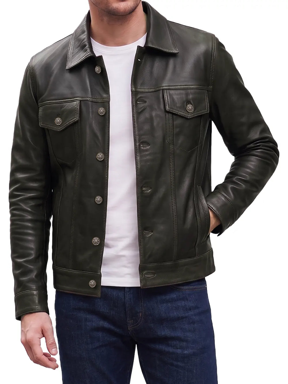 Fernando Heren Donkerbruin Trucker Leren Jas | Shirt Collar