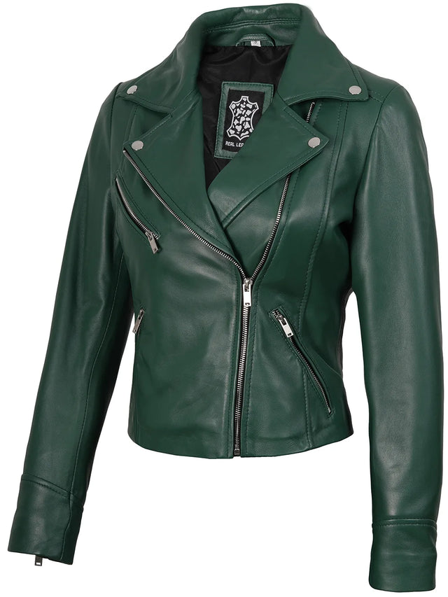 Asymmetrisk biker-skinnjacka in grönt (Dames)