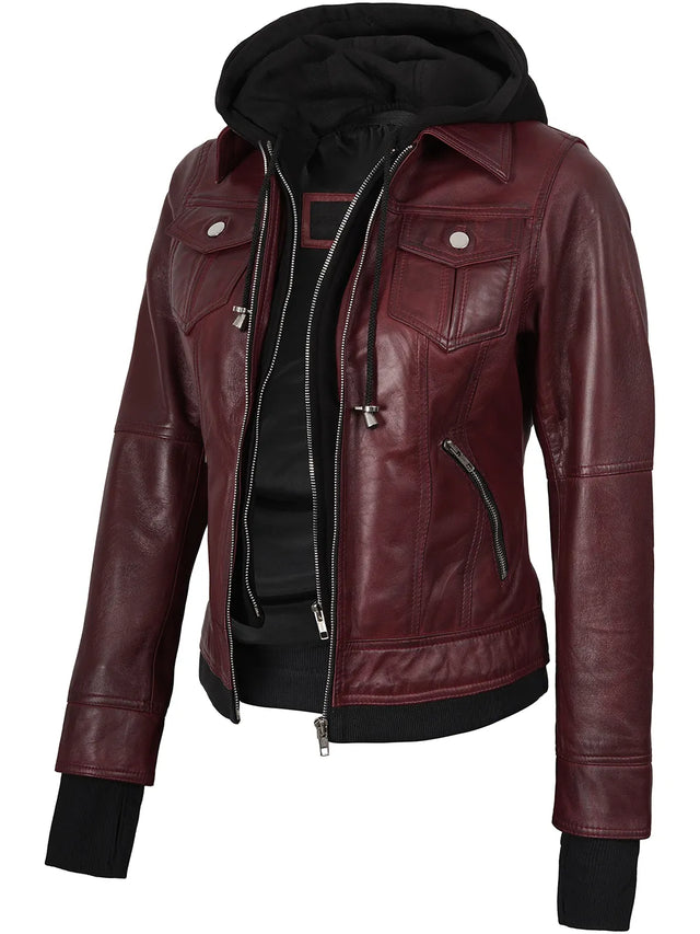 Leren Bomber met capuchon, bordeauxrood voor dames