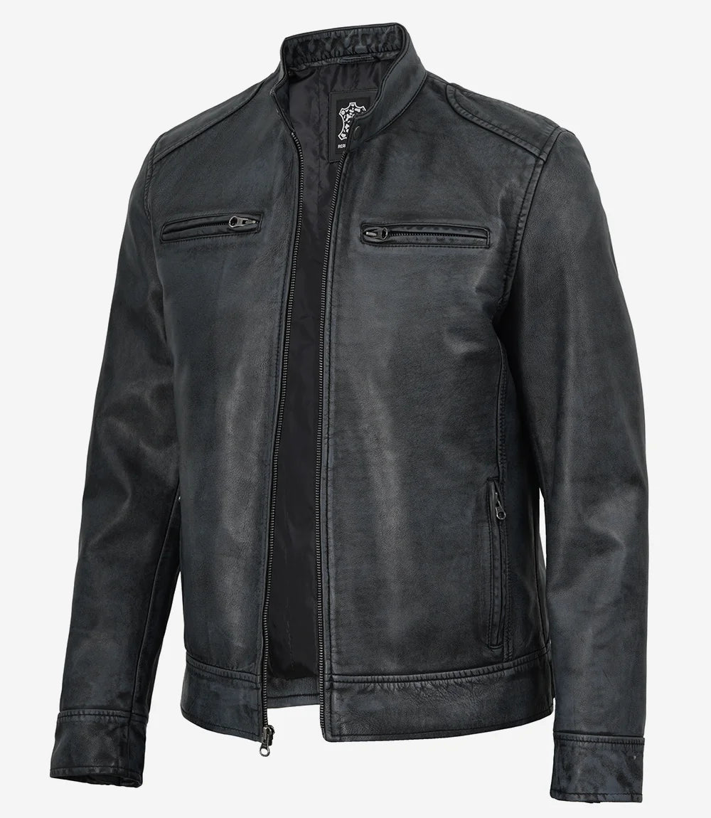 Men's Washed Black Cafe Racer Leather Jacket - Front