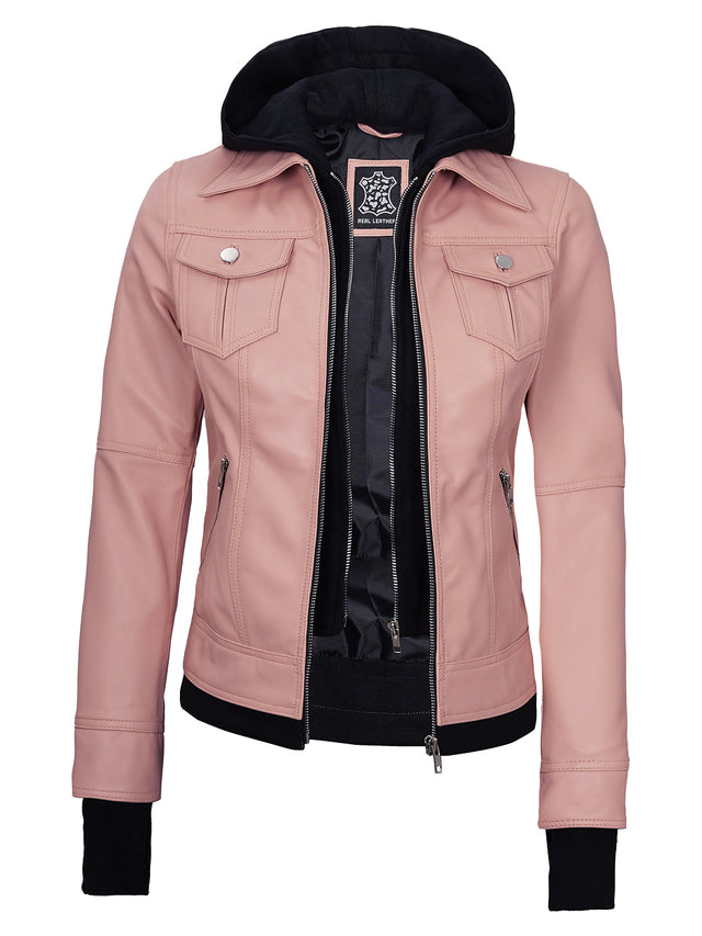 Bomber-skinnjacka med avtagbar huva in rosa (Dames)