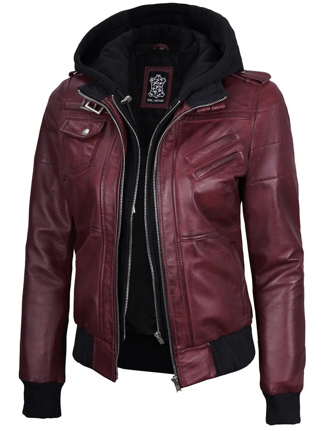 Leren jas met afneembare capuchon, bordeauxrood voor dames