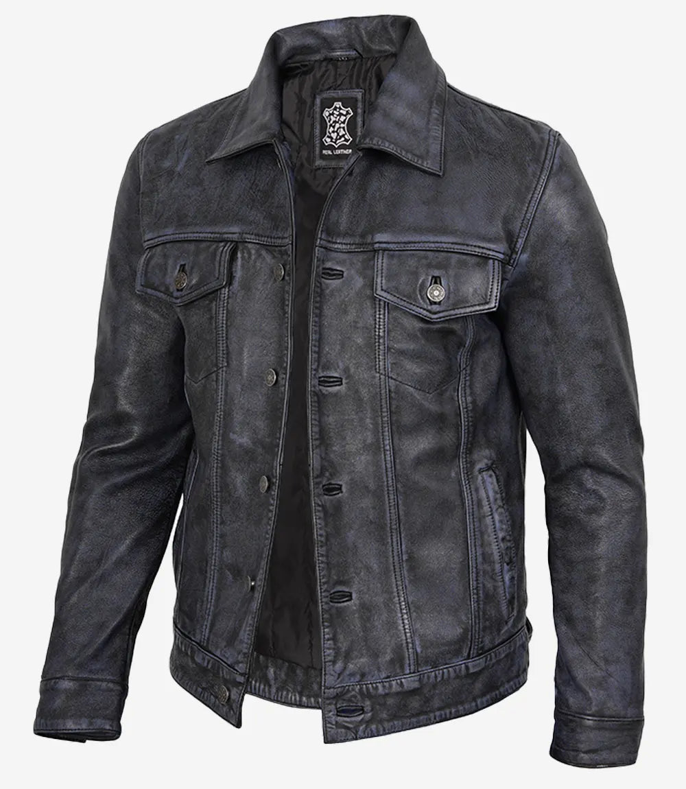 Men's Black Distressed Real Leather Trucker Jacket - Front