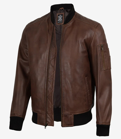 Heren Cognac Bruin Lamsleer Leren Bomberjack met Wax Finish