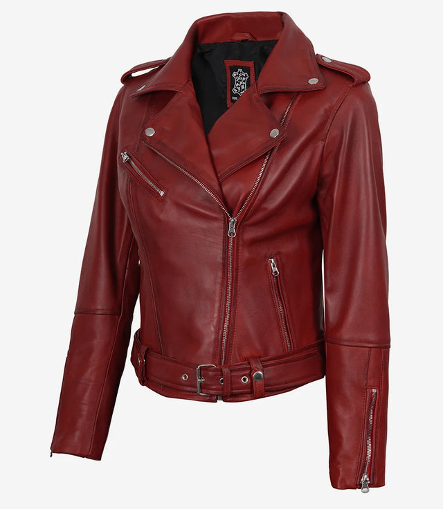 Asymmetrisk biker-skinnjacka in rött (Dames)