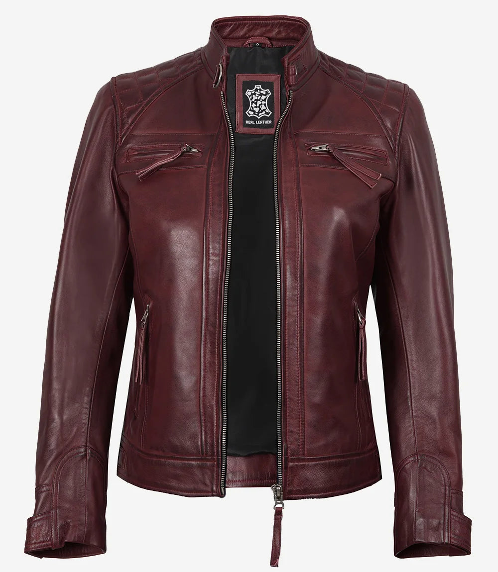 Maroon leather jacket on a white background