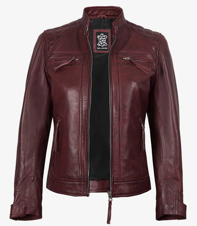 Gewatteerde Cafe Racer-jas, bordeauxrood voor dames