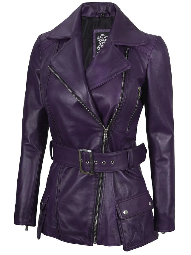 Asymmetrisk biker-skinnjacka in lila (Dames)